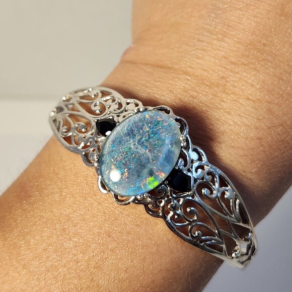 VTG Natural Opal & Onyx Platinum Clad Open Cuff Filigree Ornate Bracelet - Picture 1 of 15